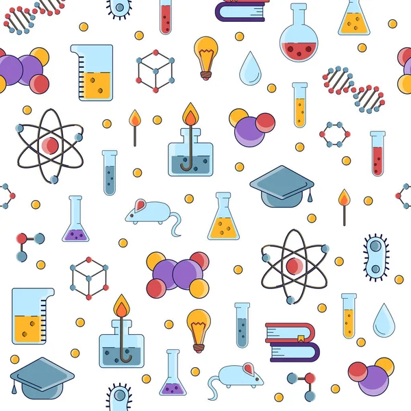 Science plan sömlösa mönster med vetenskapliga element - molekyl, atom struktur, kolv, glas, vatten och andra på en enkel utbildning och skola oändliga bakgrund. — Stock vektor