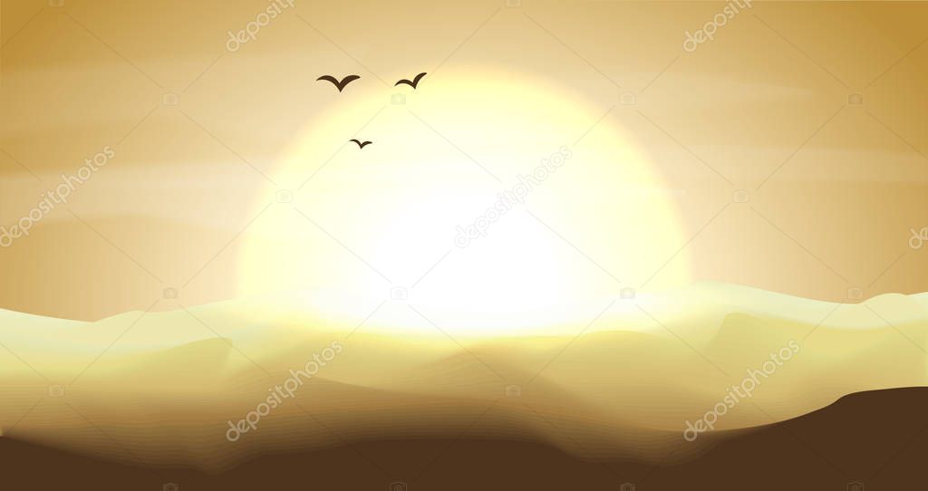 Hot yellow and orange empty desert panoramic landscape with dunes and sunset, sundown in gold yellow colors. Calm desert background, dune and hills. Game deserts scene with big sun, birds and clouds