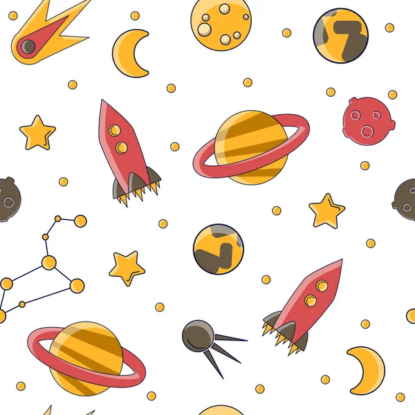 Cartoon flat kids space and cosmos science seamless pattern. Planet, roket, bintang dan elemen ruang lainnya dengan latar belakang vektor lucu sederhana untuk anak-anak. Ilmu anak-anak dan ide-ide rasa ingin tahu di ruang angkasa - Stok Vektor