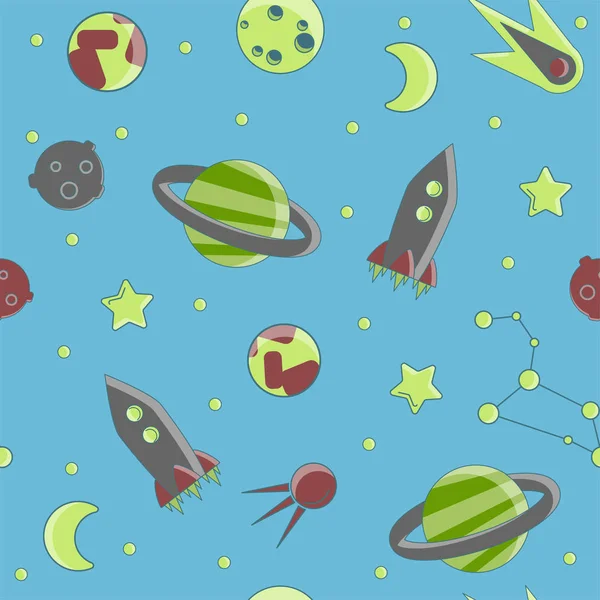 Dibujos animados plana espacio de los niños y la ciencia del cosmos patrón sin fisuras. Planeta, cohetes, estrellas y otros elementos espaciales en el fondo simple vector lindo para los niños. Ciencia infantil e ideas de curiosidad sobre el espacio — Vector de stock