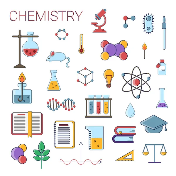 Set von Vektor-Flachsymbolen für wissenschaftliche Chemie, Symbole für den Chemieunterricht in farbigem, niedlichem Design mit Chemie-Elementen für mobile Konzepte und Web-Apps. Sammlung von niedlichen Wissenschaft Chemie flach — Stockvektor