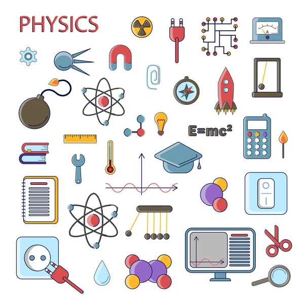 Набір наукової фізики векторні плоскі значки, символи фізичної освіти в кольоровому милому дизайні з фізичними елементами для мобільних концепцій та веб-додатків. Збірник милої науки фізичний і пізнавальний — стоковий вектор