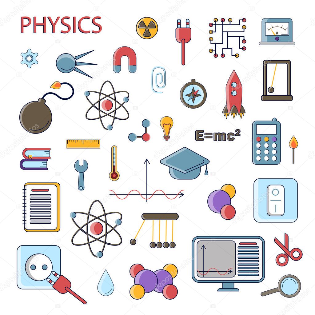 Set of scientific physics vector flat icons, Physics education symbols in colored cute design with physical elements for mobile concepts and web apps. Collection of cute science physical and knowlenge