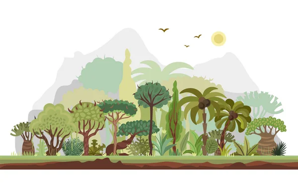 Ilustración vectorial horizontal de selva tropical. Diseño plano de la selva. Paisaje forestal con montañas en el fondo, diseño de vectores. Resort Tropical Vacaciones de Verano Ilustración Plana con árboles — Archivo Imágenes Vectoriales