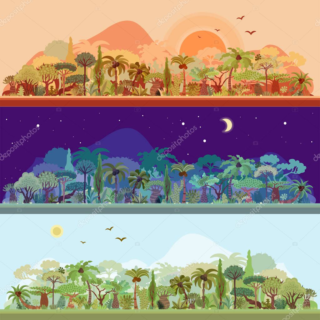 Vector Collection Of Tropical Rainforest Landscapes With Palms And Other Tropical Trees In Different Colors Nignt Rainforest Landscape Sundown Forest Landscape Daylight Tropical Landscape Set Of Premium Vector In Adobe