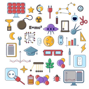 Set of scientific vector flat icons, education signs and symbols in colored modern science design with elements for mobile concepts and web apps. Collection of cute educational and science icons clipart