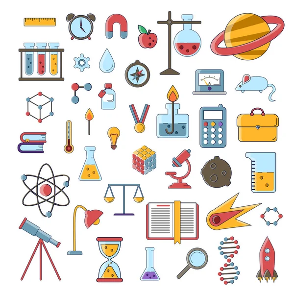 Set wissenschaftlicher Vektor flache Symbole, Bildungszeichen und Symbole im farbigen modernen Wissenschaftsdesign mit Elementen für mobile Konzepte und Web-Apps. Sammlung niedlicher Bildungs-und Wissenschaftssymbole — Stockvektor
