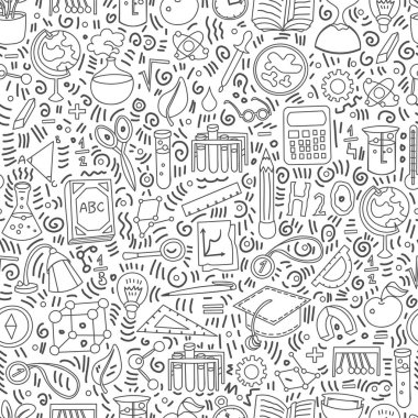 Basit kaplı geri okul öğeleri ve malzemeleri ile okul desene. Geri okul sorunsuz arka plana el çizmek stil öğeleri ve sevimli çocuklar için karikatür, hoş geldiniz. Okula dönüş