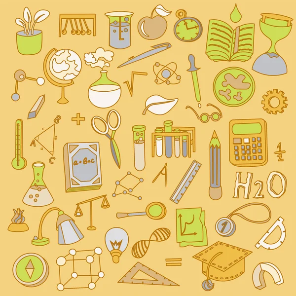 Farbig lustig zurück zu Schulmaterialien, Elementen und Gegenständen. Herbst zurück zu Schulmaterialien in lustigem Doodle-Cartoon-Design. Schule liefert Ikonensammlung. Set von schulwissenschaftlichen Objekten, Doodle — Stockvektor