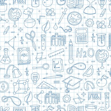 Basit kaplı geri okul öğeleri ve malzemeleri ile okul desene. Geri okul sorunsuz arka plana el çizmek stil öğeleri ve sevimli çocuklar için karikatür, hoş geldiniz. Okula dönüş