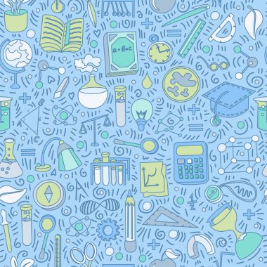 Okul öğeleri ve malzemeleri ile okul desen renkli tekrar. Eğlenceli okul sorunsuz arka plan geri geldiniz el stil, öğeleri ve sevimli çocuklar için karikatür çizmek. Okula dönüş