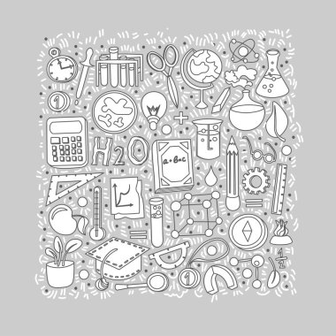 Doodles'ın arka plan çizilmiş el okul tedarik geri geldiniz. Vektör çizim karikatür okula geri sağlar. Geri okul için karikatür simgeleri eğitim, bilim nesneleri kümesi afiş