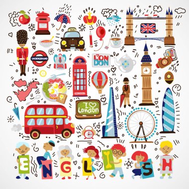 Vektör Londra simgesel yapısı olan sembolleri. Elle çizilmiş İngiltere doodle. Londra şehir karalamalar simgesi toplama. Kule Köprüsü, taç, big ben, Kraliyet muhafızı, kırmızı otobüs ve taksi, İngiltere'de harita ve bayrak, çay çizilmiş kümesiyle el