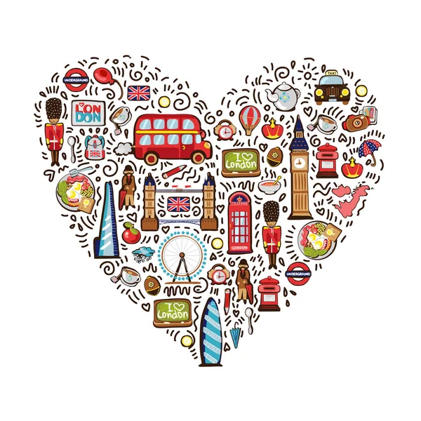 Vector concept van London city Travelling doodles elementen collectie in de vorm van het hart. Hand getrokken Londen reisset met tower bridge, kroon, de big ben, Koninklijke Garde, rode bus en cabine, Britse kaart en vlag — Stockvector