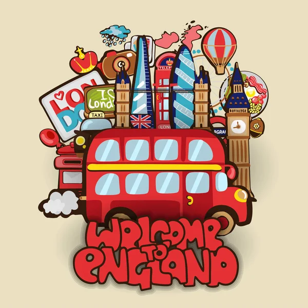 Welkom bij Engeland cartoon educatief conceptontwerp met verzameling doodle kinderachtig objecten en Engelse bus. Welkom bij Engeland pop komische vectorillustratie — Stockvector