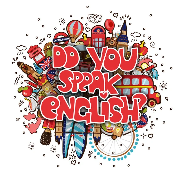 İngilizce eğitim veya seyahat kavramı. Harf yapmak karikatür doodle pop sanat tarzı İngiltere simgeler kümesi ile İngilizce biliyor. Vektör çizim simgelerle İngilizce - Big Ben, London Tower