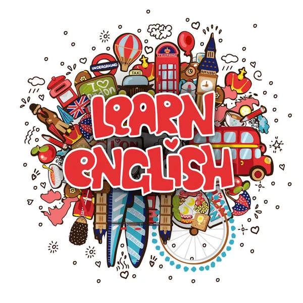 Aprenda inglês educacional e conceito de viagem. Aprender ilustração de desenho animado vetor Inglês. Conjunto de objetos de desenho animado divertidos com frase sobre Aprender Inglês - Conceito de cursos de língua inglesa com — Vetor de Stock