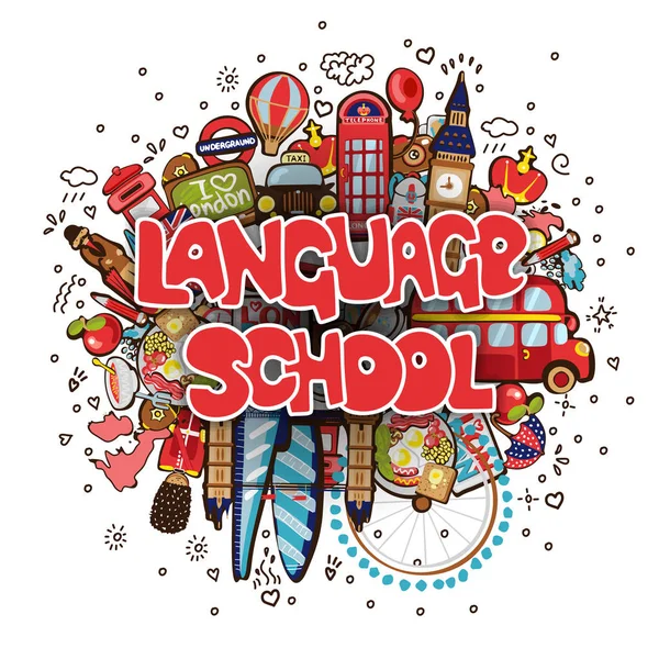 Dil Okulu Eğitim ve seyahat kavramı. Dil Okulu vektör karikatür çizim. Küme nesneleri hakkında eğitim yabancı dil - İngilizce dil kavramını ifade ile karikatür eğlenceli — Stok Vektör
