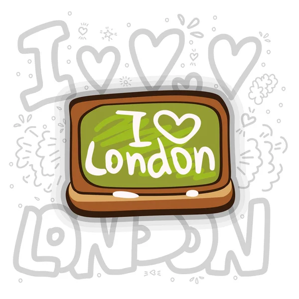 Consiglio scolastico con I LOVE LONDON iscrizione. Adoro il concept londinese con green school board e chalk. Illustrazione vettoriale del fumetto con elementi decorativi. Divertente illustrazione vettoriale con I LOVE LONDON — Vettoriale Stock