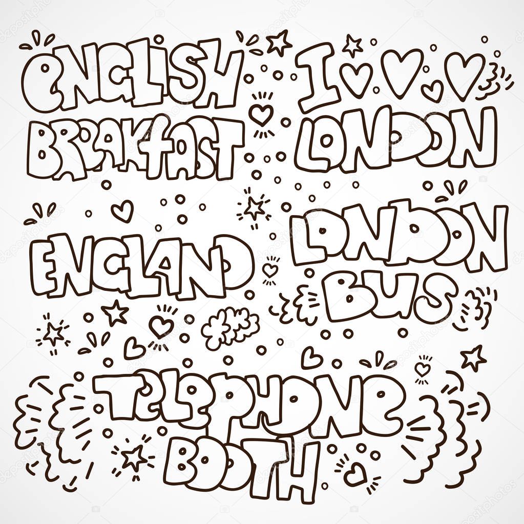 English traditional, travel landmarks and elements lettering. English bus, telephone booth, english breakfast, words I LOVE LONDON and ENGLAND - black and white lettering isolated on white