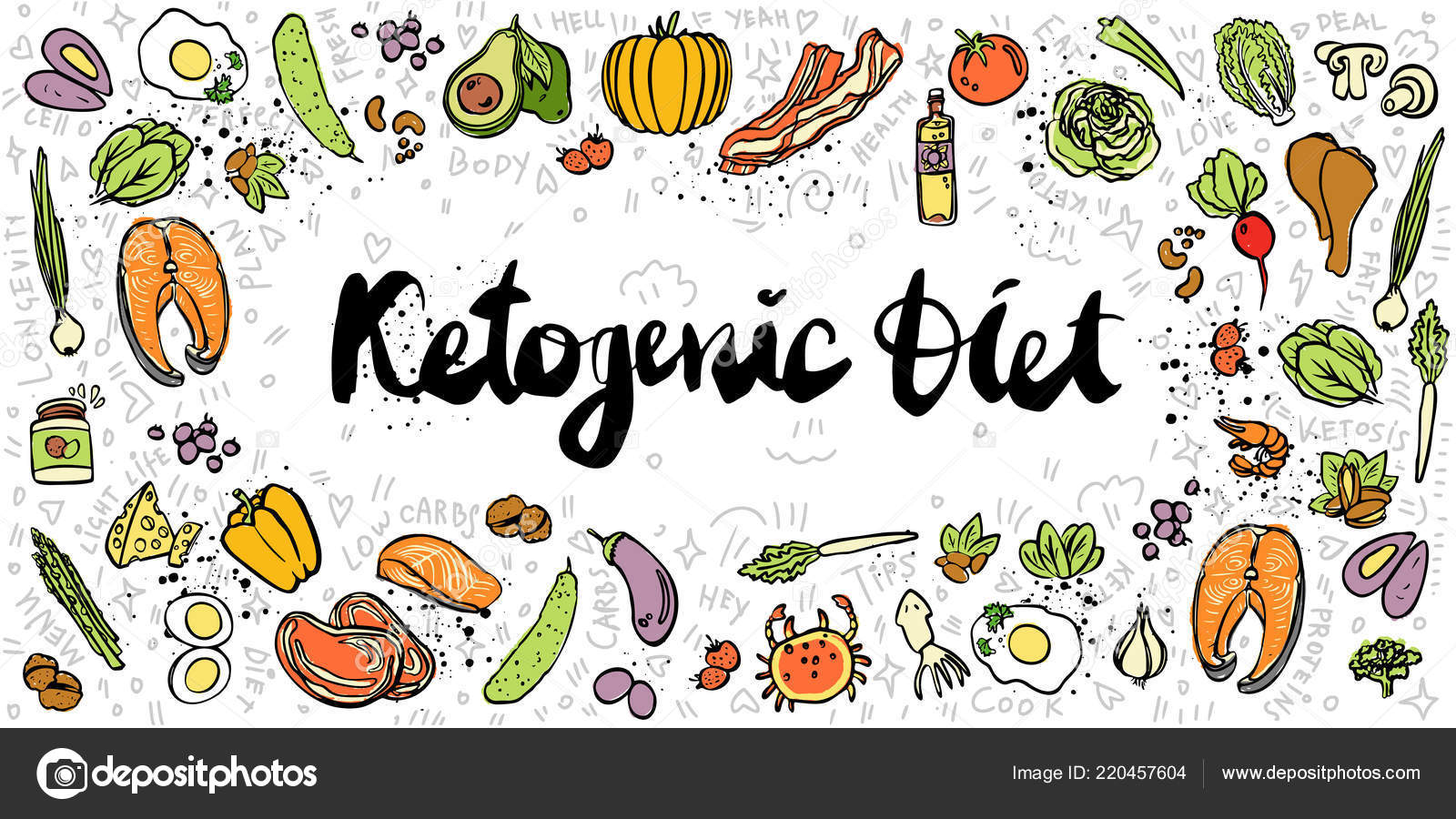 Ketogenic Diet vector sketch banner illustration. Healthy keto food with  texture and decorative elements - fats, proteins and carbs on one Keto  vector illustration. Low carbs ketogenic diet food Stock Vector Image