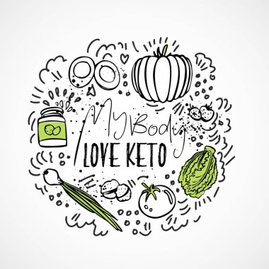 Benim vücut aşk Keto gıda - vektör kroki çizim - iki renkli kroki sağlıklı kavramı. Sağlıklı keto gıda doku ve bir daire içinde dekoratif elemanları formu - yağ gibi tüm besinleri karbonhidrat ve