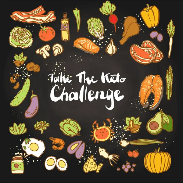 Take the Keto Challenge - Ketogenic food vector colored sketch illustration. Healthy keto food - fats, proteins and carbs on one vector illustration. Low carbs ketogenic diet food isolated on white — Stock Vector