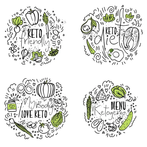 Keto 친절 한, Keto 다이어트, 내 몸 사랑 Ketogenic, Ketogenic 메뉴-두 컬러 벡터 스케치 그림 개념. 건강 한 keto 음식 텍스처와 4 개의 원형-장식 요소 모든 — 스톡 벡터
