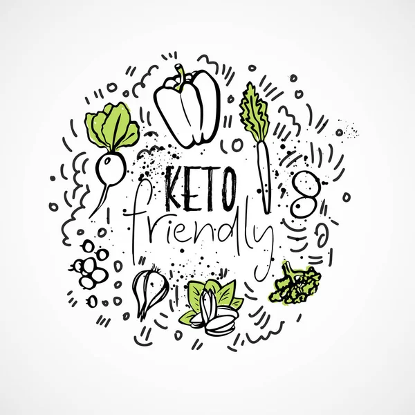 Keto Friendly ilustração de esboço de comida - conceito saudável de esboço vetorial de duas cores. Alimentos saudáveis keto com textura e elementos decorativos em forma de círculo - todos os nutrientes, como gorduras, carboidratos e — Vetor de Stock