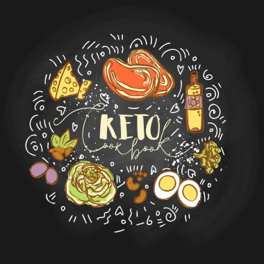 Keto meydan gıda kroki çizimi - multy-renkli vektör kroki sağlıklı kavramı al. Sağlıklı keto doku ve dekoratif bir daire formu - tüm besin öğelerinde kavramı meydan