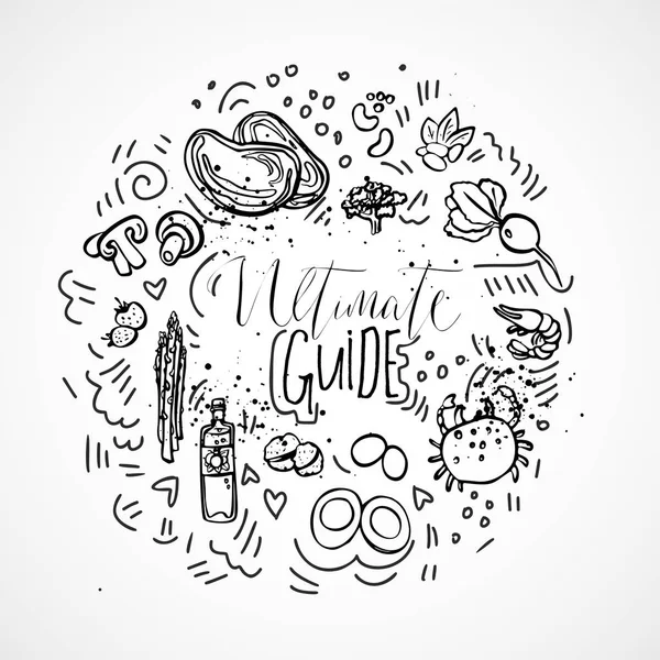 ケト原性食品スケッチの手のための究極のガイドは、-黒と白のベクトル スケッチ、健全なケト概念の図を描画します。テクスチャと円を描くように装飾的な要素で健康なケト食品コンセプト - — ストックベクタ