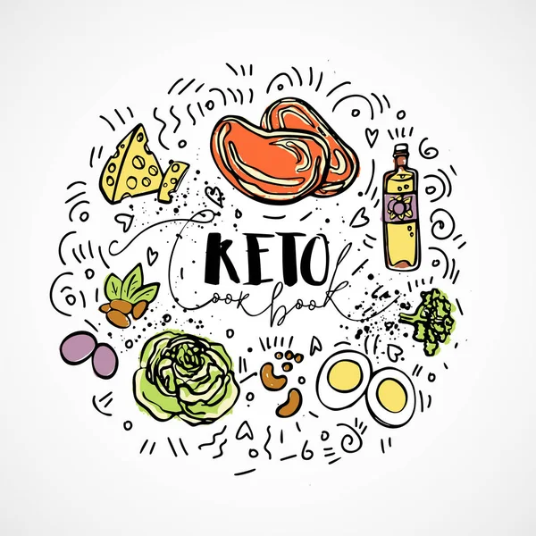Keto Cook Book - Vector Sketsa ilustrasi - multi-warna sketsa konsep yang sehat. Diet keto sehat Buku masak dengan tekstur dan elemen dekoratif dalam bentuk lingkaran semua nutrisi, seperti lemak, karbohidrat - Stok Vektor