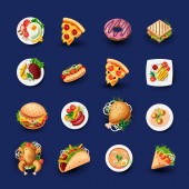 Картина, постер, плакат, фотообои "set of fast food icons. junk food vector illustration - pizza, donut, burger, taco, chicken and other fast food objects. cartoon style objects of junk food, colorful appetizing set for street lunch.", артикул 221357222