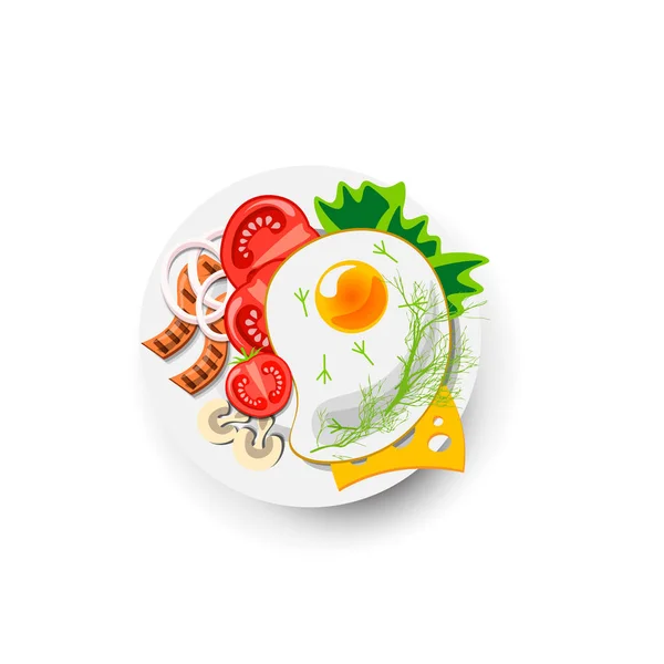 Ícone ovos fritos para o café da manhã. Vector ícone comida saudável no estilo dos desenhos animados. Ilustração de Ovo Aperitivo com Legumes na Prato. Conceito de Refeição Completa para Café da manhã. Ícone de ovos mexidos quentes . — Vetor de Stock