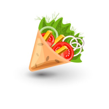 Tortilla şal vektör karikatür çizim. Meksika burrito ile kızarmış patates ve sebze simgesi. Tortilla saran Meksika sarılmış ve börek dolguları sebze, yeşillik, üzerinde izole patates kızartması ile