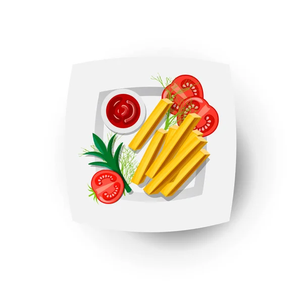 Frytki-znajdującą się na białe płytki z pomidorami i zieleni. Ilustracja wektorowa frytki, kreskówka ikona francuski smażone ziemniaki z sosem, pomidory na talerzu. Ziemniaczane francuski ikona, fast food — Wektor stockowy