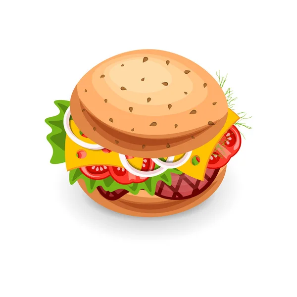 Vector Fast food Burger Icon, isolado sobre fundo branco. Junk Food Burger com queijo, carne, verduras. Delishious Burger Illustration (em inglês). Fresco saboroso American Street Food Burger Icon —  Vetores de Stock