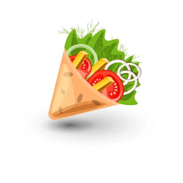 Tortilla envoltura vector ilustración de dibujos animados. Burritos mexicanos con papas fritas y verduras Icono. Envolturas Mexicanas Tortilla y burrito envueltos con rellenos de verduras, verduras, papas fritas aisladas en — Vector de stock