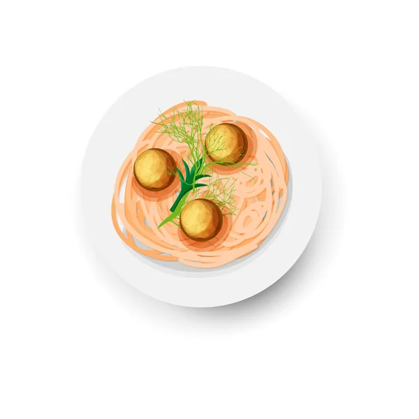 Wektor ikona ilustracja makaronu w płytkę. Włoski makaron ikona z zielonych i klopsiki w białej płytce. Talerz Spaghetti i klopsiki, Pasta z klopsikami kreskówka ilustracja na białym tle na — Wektor stockowy