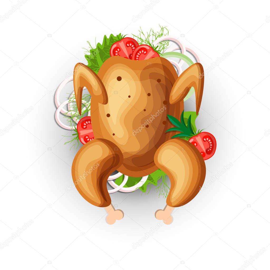 Vector cartoon chicken grill with vegetables icon. Chicken roasted grill Icon with greens and onion isolated on white. Roast grilled chicken illustration with vegs. Chicken grill isolated icon