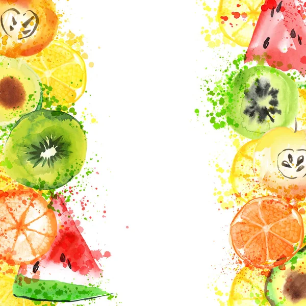 Fresh fruit watercolor banner. Watercolored apple, citruses, avocado and qiwi in one banner with splashes. Healthy lifestyle bannner with fruits and juice splash — Stock Vector