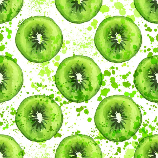 QIWI slice sömlös hand Rita art mönster med akvarell stänk. Sommaren frukt qiwi upprepa bakgrund med gröna runda qiwi skivor och akvarell element — Stock vektor