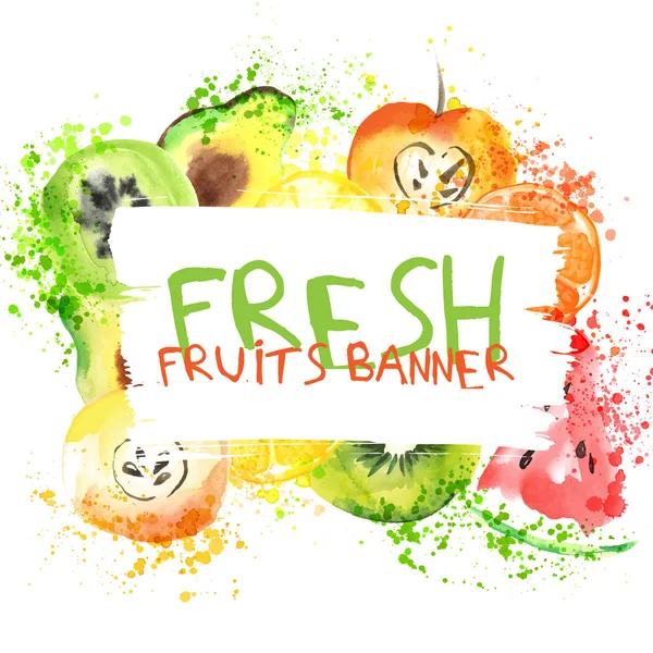 Vers fruit aquarel banner. Watercolored appel, avocado, citruses en qiwi in één banner met spatten. Gezonde levensstijl bannner met fruist en SAP splash — Stockvector