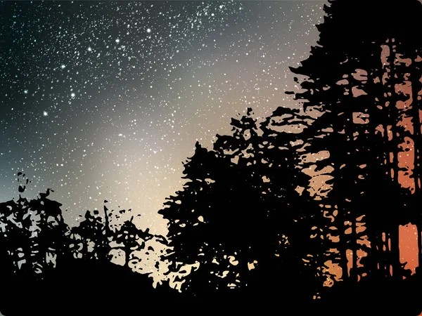 Noite estrelado paisagem vetor fundo. Ilustração do universo com silhueta de árvores e morro. Cenário cosmos coloridos com estrelas claster e paisagem . — Vetor de Stock