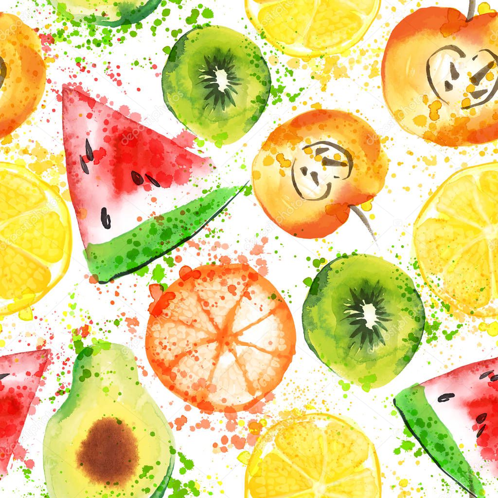 Set of Fresh fruit watercolor objects. Watercolored apple, citruses, avocado and qiwi in one art collection with splashes. Healthy lifestyle set with fruits and juice splash