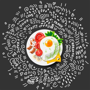 Icon Fried Eggs for Breakfast. Vector Icon Healthy Food in Cartoon Style. Illustration of Appetizing Egg with Vegetables on Plate. Concept of Full Meal for Breakfast with doodle decor elements vector Icon Fried Eggs for Breakfast. Vector Icon Healthy Food in Cartoon Style. Illustration of Appetizing Egg with Vegetables on Plate. Concept of Full Meal for Breakfast with doodle decor elements vector