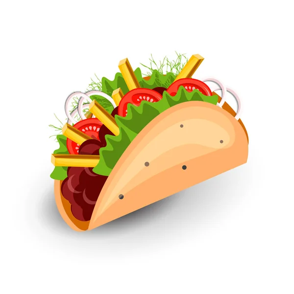 Τορτίγια Burritos περικάλυμμα διάνυσμα καρτούν εικονογράφηση. Burritos του Μεξικού με τηγανητές πατάτες και λαχανικά εικονίδιο. Μεξικάνικο Burrito αναδιπλώνεται, Wrapped τορτίγια και burritos με λαχανικά που απομονώνονται σε λευκό — Διανυσματικό Αρχείο