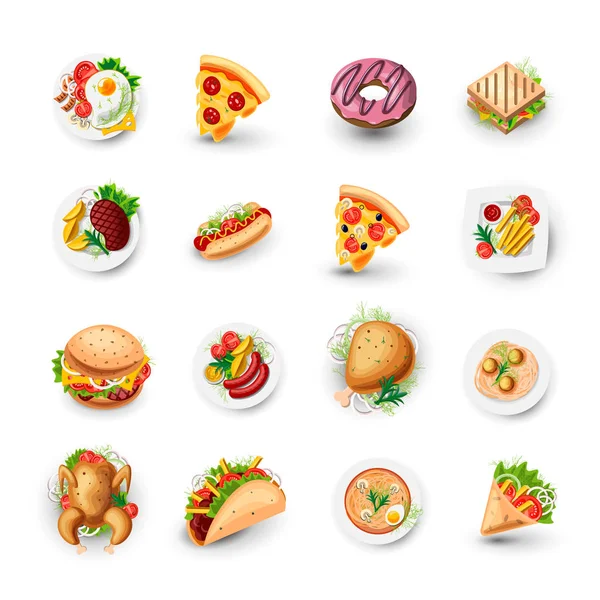 Conjunto de iconos de comida rápida. Ilustración de vectores de comida chatarra: pizza, donut, hamburguesa, tacos, pollo y otros objetos de comida rápida. Objetos del estilo de la historieta de la comida chatarra, sistema apetitoso colorido para el almuerzo de la calle . — Archivo Imágenes Vectoriales