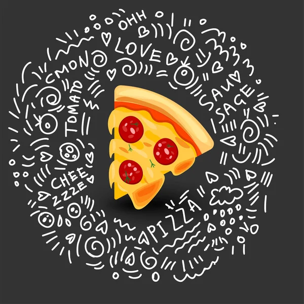 Icono de Pizza con Salchicha. Ilustración vectorial de rebanada de pizza en estilo de dibujos animados. Icono aislado sobre fondo negro. Concepto de comida rápida fresca sabrosa. Snack fragante con queso derretido y salchicha — Vector de stock