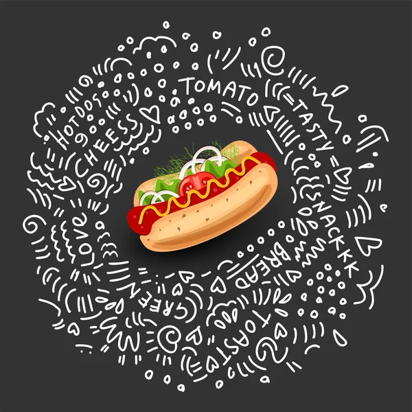 Wektor, Hot Dog, ikona na białym na czarnym tle. Klasyczny Symbol Fast food na obiad ulicy. Kolorowe apetyczny Hot Dog z kiełbasa, musztarda i warzywa z elementami ozdobnymi doodle — Wektor stockowy